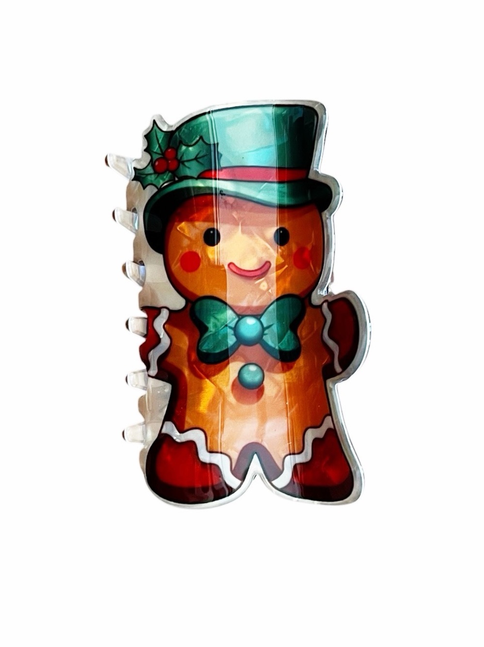 Gingerbread Christmas Tree Holly Hat Green Bow Glossy 3" Lobster Claw Hair Clip